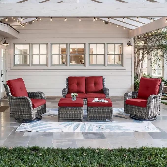 5 Piece Outdoor Patio Furniture Set - Wicker Furniture Patio Conversation Set, Outdoor Swivel Rocker Chairs with Loveseat Sofa and 2 Ottomans for Small Space, Red Cushion by GreenHaven Gardens