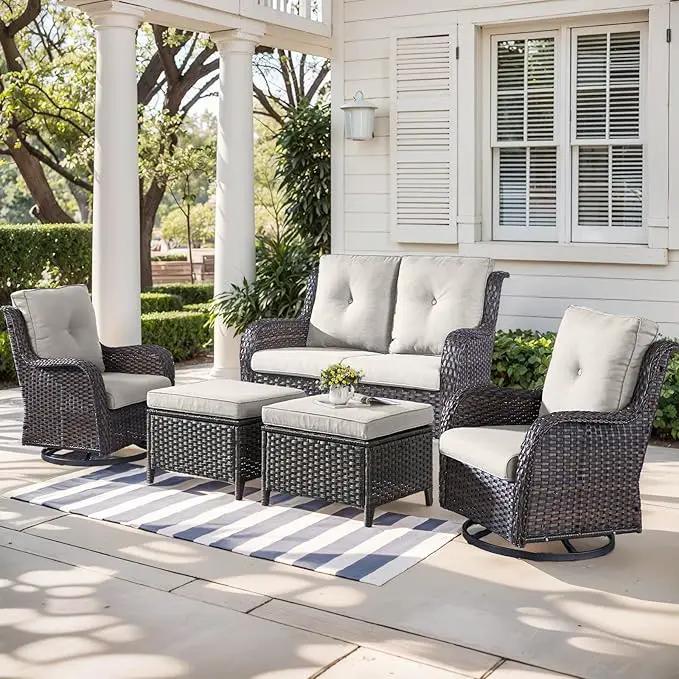 Outdoor Wicker Patio Furniture Set - 5 Piece Rattan Patio Conversation Set with 2 Rocking Swivel Chairs,2 Ottomans and 1 Loveseat for Porch Deck Backyard Garden(Brown/Beige) by GreenHaven Gardens