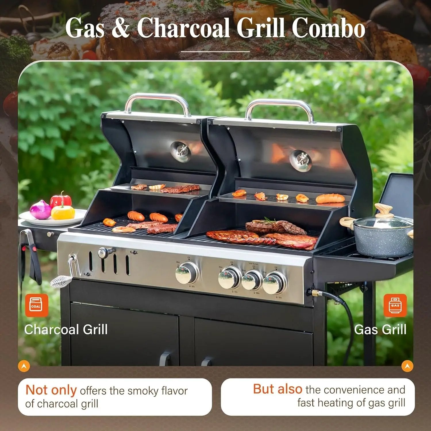 Sophia & William Charcoal and Propane Gas Grill Combo with Side Burner & Porcelain-Enameled Cast Iron Grate, Dual Fuel BBQ Grill for Outdoor, Barbecue Grill, 690 SQIN Cooking Area by GreenHaven Gardens