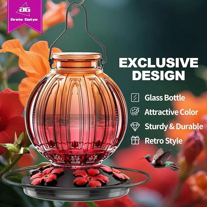 Glass Hummingbird Feeder for Outdoors Hanging, 26Oz Bird Nectar Feeder with Perch & 5 Flower Feeding Ports, Leak Proof for Outside Garden Decor Backyard, Gifts for Women Mom, Clear & Red by GreenHaven Gardens