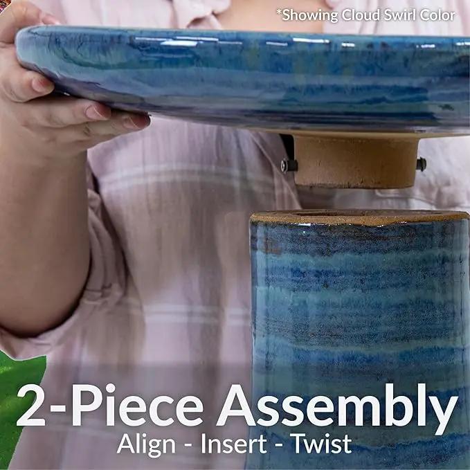 Sunnydaze 21" H Ceramic Bird Bath for Outside - Hand-Painted Outdoor Bird Bath Bowl, UV/Frost-Resistant Finish - Galaxy Blue - Ribbed Pedestal by GreenHaven Gardens