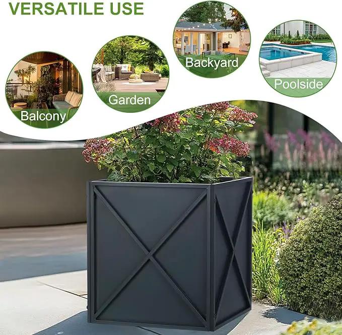 BAYN Metal Square Planter Box Tall Planters for Outdoor Plants Modern Heavy Duty with Drainage Holes for Outside Indoor Patio Deck - Grey, 17”x 17”x 18” by GreenHaven Gardens