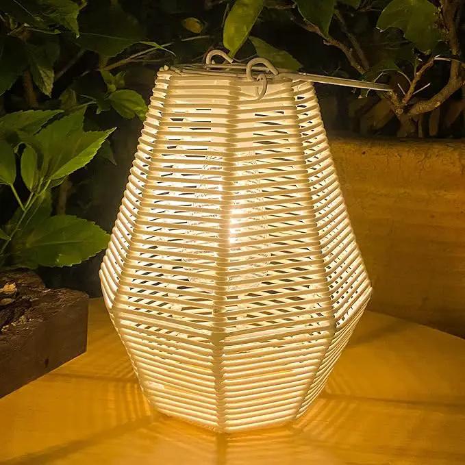 Outdoor Solar Lantern Hanging Decorative Rattan Lanterns with Handle White Large Solar Table Lamp Waterproof for Patio Garden Wedding Home Decor by GreenHaven Gardens
