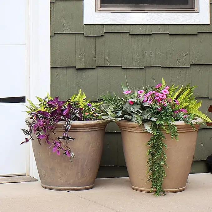 Sunnydaze 24-Inch Anjelica Large Plastic Pot for Plants - Outdoor Polyresin Round Planter with Drillable Drainage Holes - Beige - 2pk by GreenHaven Gardens