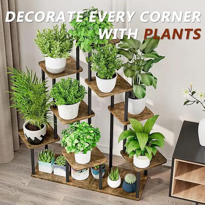 AZERPIAN Plant Stand 9 Tier Indoor Metal Flower Shelf for Multiple Plants Corner Tall Flower Holders for Patio Garden Living Room Balcony Bedroom, Black+Rustic Brown by GreenHaven Gardens