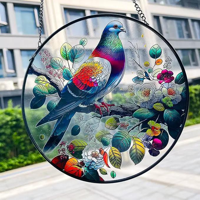 RIVEENY Stained Glass Window Hangings,8" Suncatcher Stained Glass Window Panels,Stained Panel Hangings Gift Women Girls Thanksgiving Birthday Gifts for Mom Grandma (Pigeon) by GreenHaven Gardens
