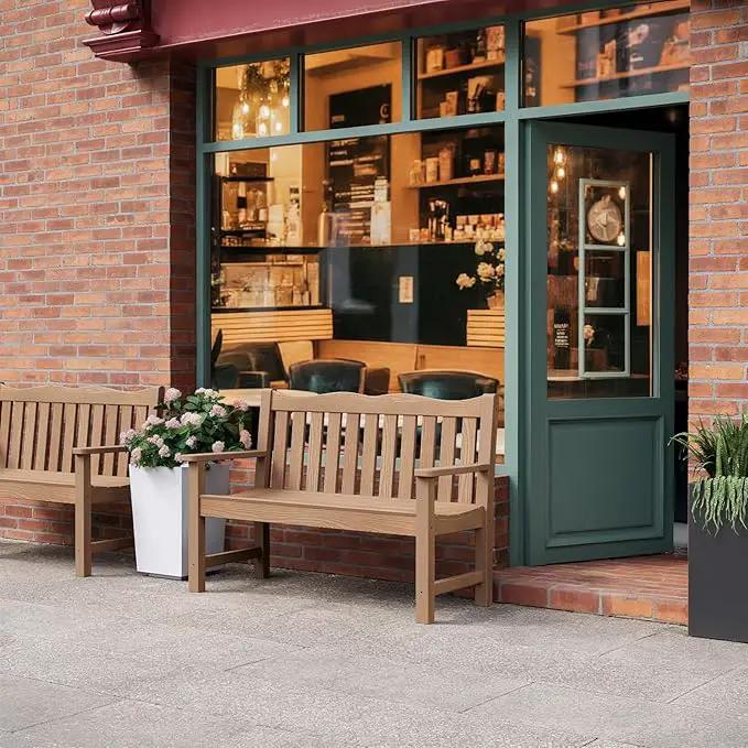 Outdoor Bench, 2-Person Poly Lumber Garden Bench, All-Weather Outside Bench with 800 lbs Weight Capacity, Never Rot or Fade, Looks Like Real Wood, Teak by GreenHaven Gardens