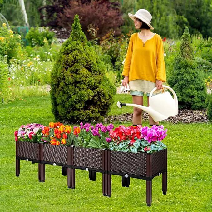 MAYOLIAH Raised Garden Bed with Drainage Elevated Planter Box Plastic Raised Beds for Gardening Vegetables Herb Flowers, Perfect for Indoor Outdoor Planting, 4 Boxes Brown by GreenHaven Gardens