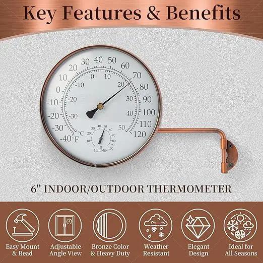 6-Inch Outdoor Thermometer for Patio. Accurate Window Thermometer for Outside Temperature, Greenhouse, Garage.Solid Brass Swivel with Humidity (6inch Thermo&Hygrometer) by GreenHaven Gardens