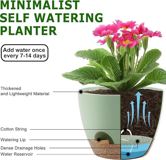 Plant Pots 10/9/8/7.5/7 Inch Self Watering Pots, Set of 5 Plastic Planters with Drainage Holes and Saucers,Plastic Flower Pots,Nursery Planting Pot for Indoor Out Door Plants（Green） by GreenHaven Gardens