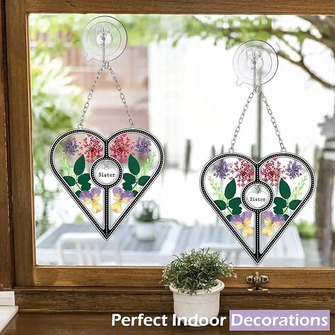 KY&BOSAM Heart Suncatcher Sister Stained Glass for windsows Hanging Wind Chimes with Pressed Real Flower Heart in Glass with Metal Trim Heart Charm Birthday Gift for Sister Mothers Day Christmas Decor by GreenHaven Gardens