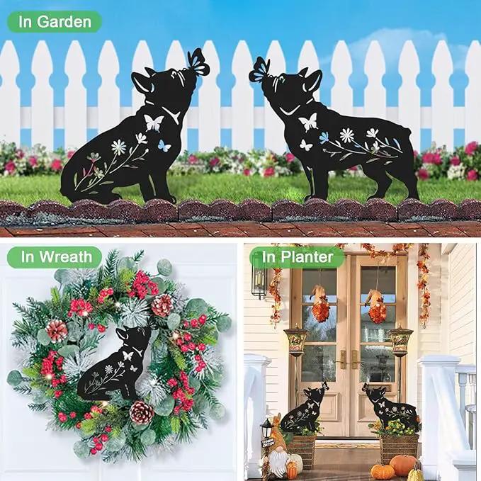 Pack 2 Dog Metal Garden Decor for Outside,French Bulldog Gifts for Women,Dog Silhouette Stakes,Garden Statues for Yard,Lawn,Pathway by GreenHaven Gardens