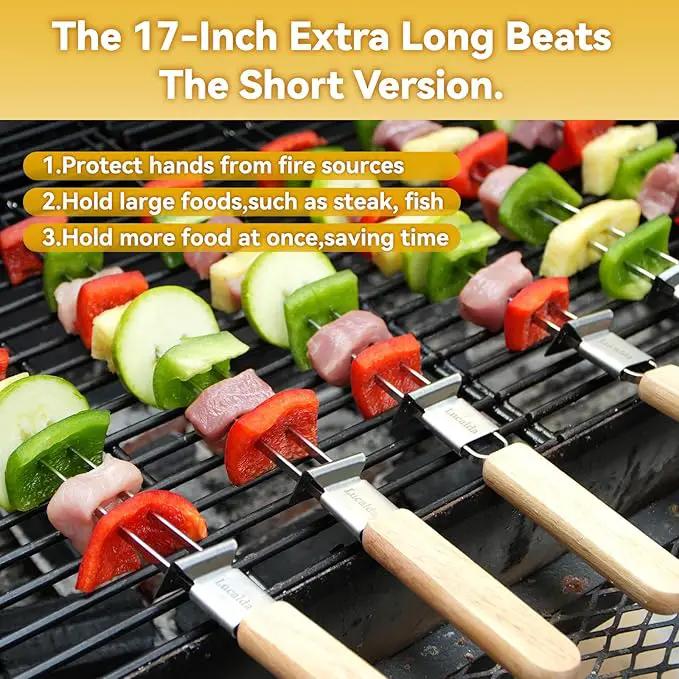 Skewers for Grilling, 17" (6 Pcs) Wooden Handle Double Pronged Stainless Steel Flat Kabob Skewers with Push Bar, Reusable Long Metal Skewer Sticks for Meat Chicken Vegetable, BBQ Accessories by GreenHaven Gardens