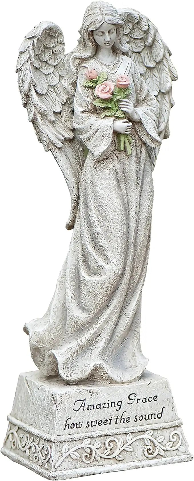 Roman Exclusive Standing Angel with Roses and Amazing Grace Verse, 14-Inch, Made of Resin Stone by GreenHaven Gardens