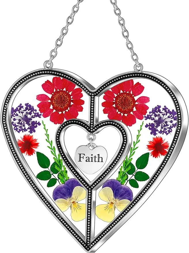 KY&BOSAM Heart Suncatcher Faith Stained Glass Hangings for Windows Sun Catchers Birthday Gifts for Women Real Flower Glass & Metal Maker for Christmas Tree Wedding Party Patio Home Garden Decor by GreenHaven Gardens