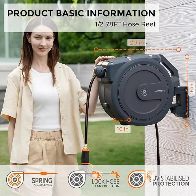 Giraffe Tools Hose Reel 1/2‘’ 78 ft, Heavy Duty Retractable Garden Hose Reel with Any Length Lock, Slow Return System, Wall Mounted and 180 Deg Swivel Bracket by GreenHaven Gardens