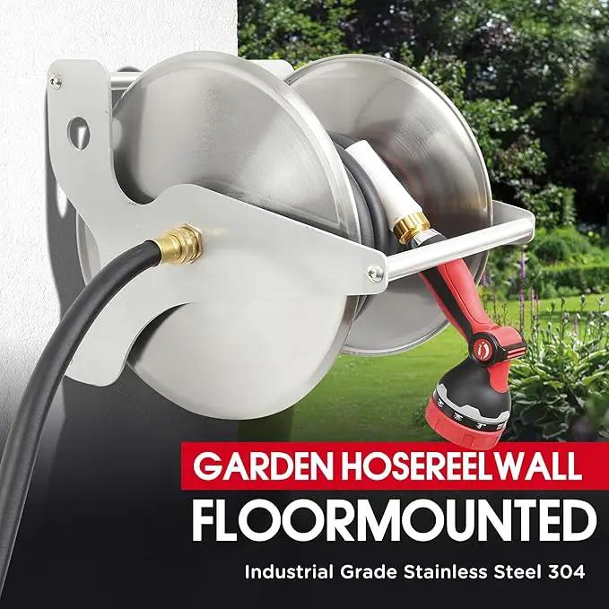 Stainless Steel Garden Hose Reel, Wall Mount or Floor Mounted with 3/4 Inch Brass Fittings Lead hose, 135 Ft Capacity with Crank Handle & portable hose reels for outside by GreenHaven Gardens