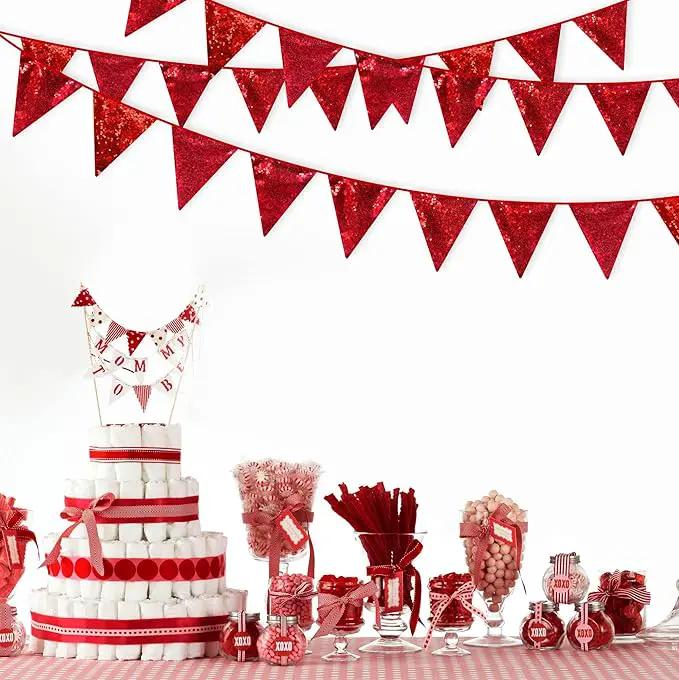 Red Party Decorations Double Sided Sequin Red Triangle Pennant Banner Flag Bunting Garland for Birthday Graduations Anniversary Wedding Engagement Bachelorette Valentines Bridal Shower Hen Party Decor by GreenHaven Gardens