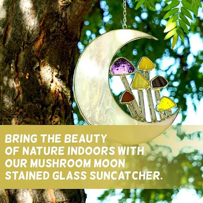Sensory4U Mushroom Moon Stained Glass Suncatcher - Earth Tone Modern Window Hanging Wall Art - Home Decor or Garden Suncatcher for Natural Light Reflection by GreenHaven Gardens