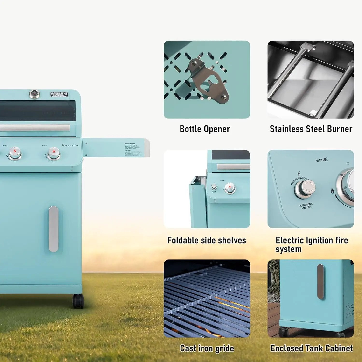 Monument Grills 2-Burner Stainless Steel Liquid Propane Gas Patio Garden Barbecue Grill with Clearview® Lid, Knob Control and Two Foldable Shelves Mesa200G with BBQ Cover, Green by GreenHaven Gardens