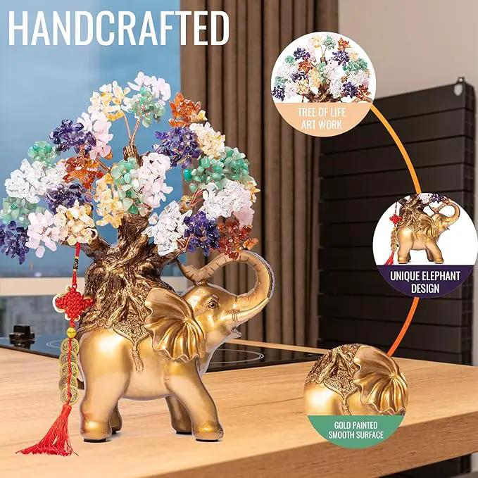 7 Chakra Crystal Money Tree on Gold Elephant Statue, 17”Large Gemstone Bonsai Tree of Life Home Décor Gifts for Wealth Positive Energy, Feng Shui Décor by GreenHaven Gardens