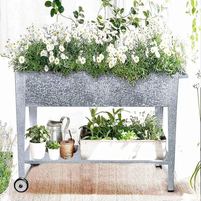 Raised Planter Box with Legs Outdoor Standing Elevated Garden Bed On Wheels for Vegetables Herb Patio Apartment, Galvanized by GreenHaven Gardens