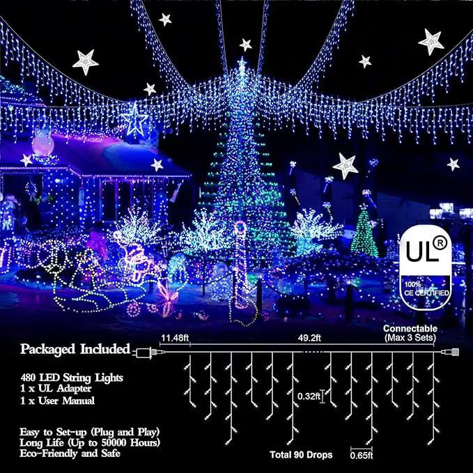 480 LED 49FT Christmas Lights Plug in 8 Modes with Timer Dimmable Christmas Decorations Outdoor Waterproof Indoor Curtain String Lights for Roof Porch Garden Holiday Wedding Party Decor Blue by GreenHaven Gardens
