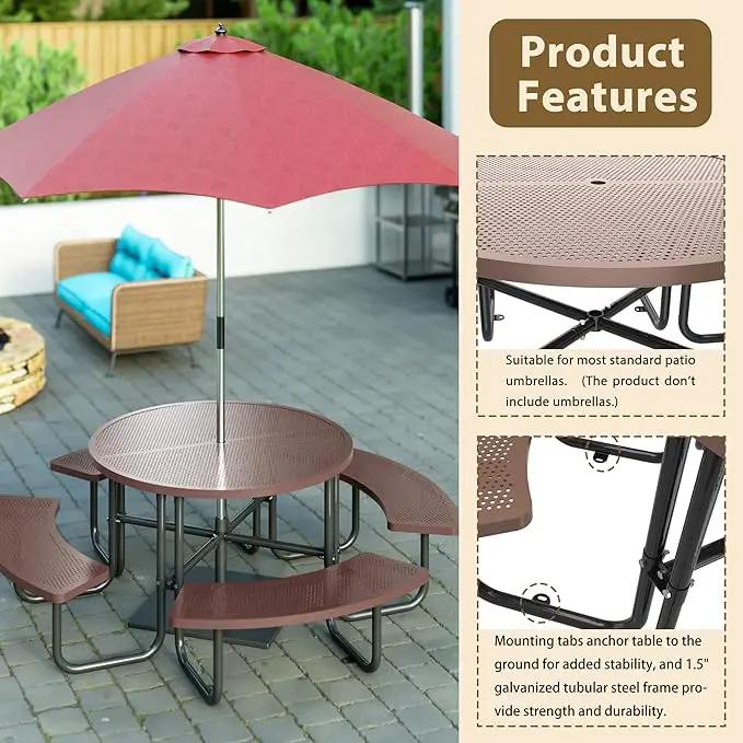 46'' Steel Round Picnic Table for Outdoors, Expanded, Lifetime Picnic Table with Umbrella Hole, Heavy Duty Sturdy Commercial Picnic Tables for Garden Courtyard BBQ, Coffee by GreenHaven Gardens