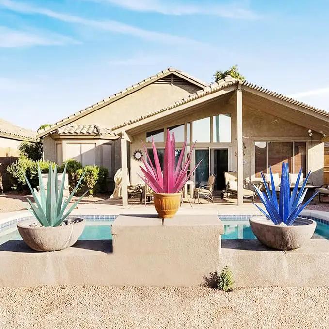 Large Tequila Rustic Sculpture, Rustic Metal Agave Plants for Outdoor Patio Yard, Home Decor Hand Painted Metal Agave Garden Yard Statue, Outdoor Lawn Ornaments Yard Stakes (Sky Blue - M) by GreenHaven Gardens