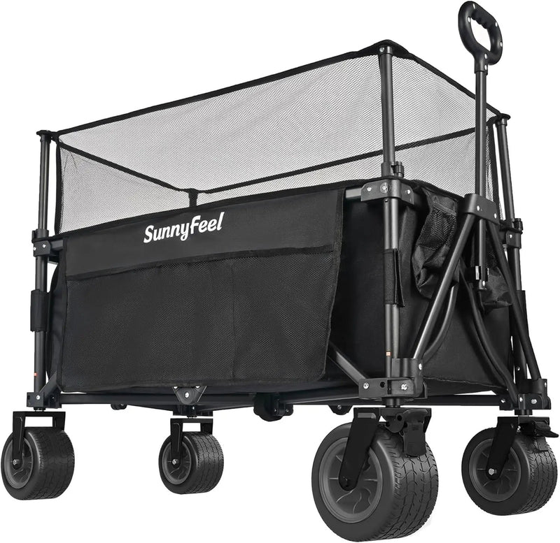 SUNNYFEEL Heavy Duty Collapsible Outdoor Utility Wagon Cart 500LB Capacity Adjustable Handlebar,Foldable Beach Wheels Stable Durable Oxford Fabric for Shopping Garden Camping (Black, Tall Version) by GreenHaven Gardens