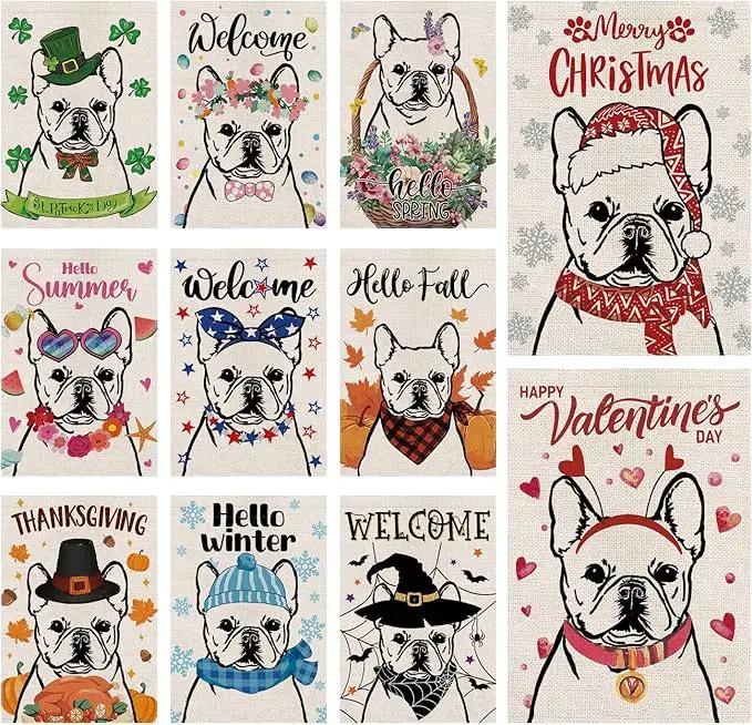 Seasonal Garden Flags French Bulldog Dog Double Sided Flags Set of 11 Holiday Farmhouse Indoor Outdoor Yard Lawn Decorations 12.5x18 Inch by GreenHaven Gardens
