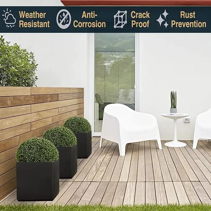 Metallic Heavy Cube Planter Box, No Assembly Required, Seamless Large Black Outdoor Planter 17”Lx17”Wx20”H 24Pounds Black with Hand Brushed Gold Rim by GreenHaven Gardens