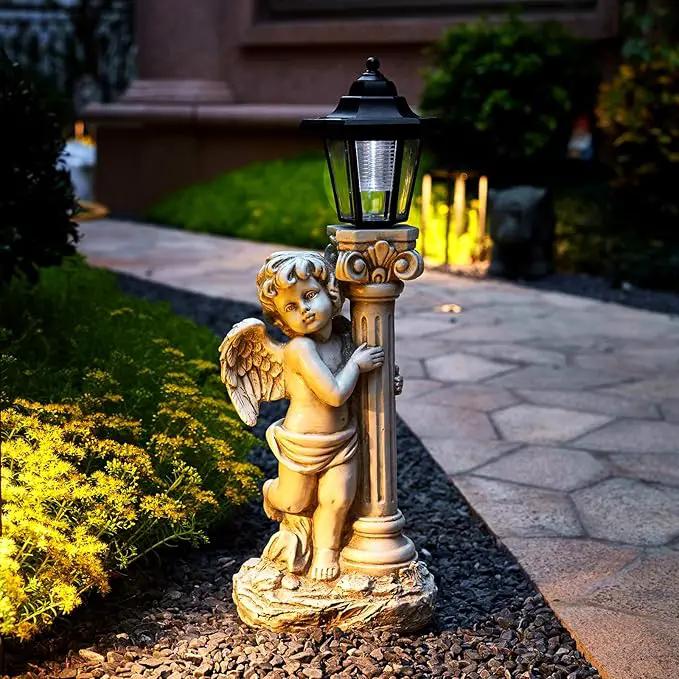 Angel Statue with Solar Lights (Left) 19.7 Inch, Solar Cherub Angel Garden Statue with Roma Pillar for Garden Decor, Porch, Patio, Yard Art Decorations, Polyresin by GreenHaven Gardens