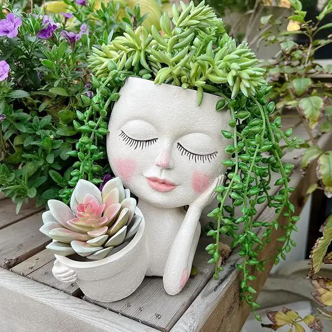 Face Plant Pot - Double Flower Pots for Indoor Outdoor Plants Resin Head Planter with Drainage Hole Cute Lady Face Plant Pots, Garden Decoration Planters, Medium by GreenHaven Gardens