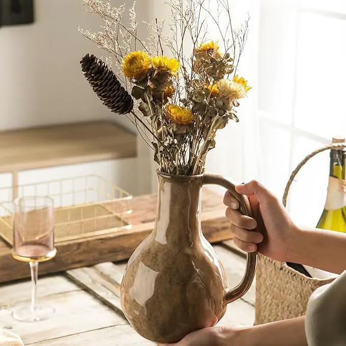 Brown Ceramic Vase with Big Handles, Modern Farmhouse Decor, Rustic Pottery for Flowers, Decorative Terracotta Centerpiece for Dining Table by GreenHaven Gardens