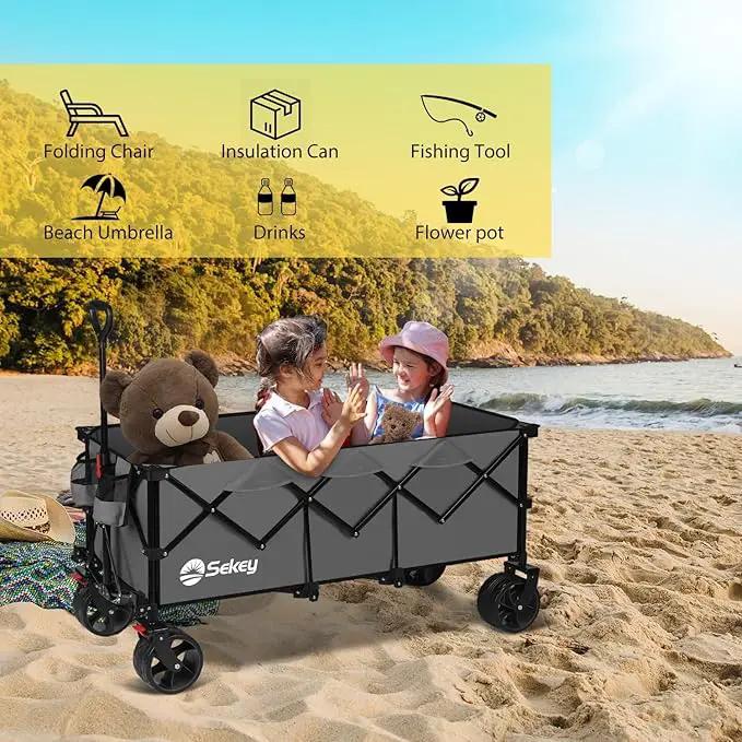 Sekey 48''L Collapsible Foldable Extended Wagon with 440lbs Weight Capacity, Heavy Duty 300L Folding Utility Garden Cart with Big All-Terrain Beach Wheels & Drink Holders. Grey by GreenHaven Gardens