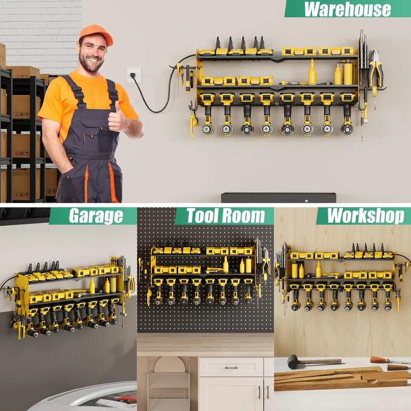 Suchtale Power Tool Organizer with Charging Station,33.2" Garage 8 Drill Holders Wall Mount,3 Layers Heavy Duty Metal Tool Shelf with 8 Outlets Power Strip, Gift for Men, Father, Yellow by GreenHaven Gardens