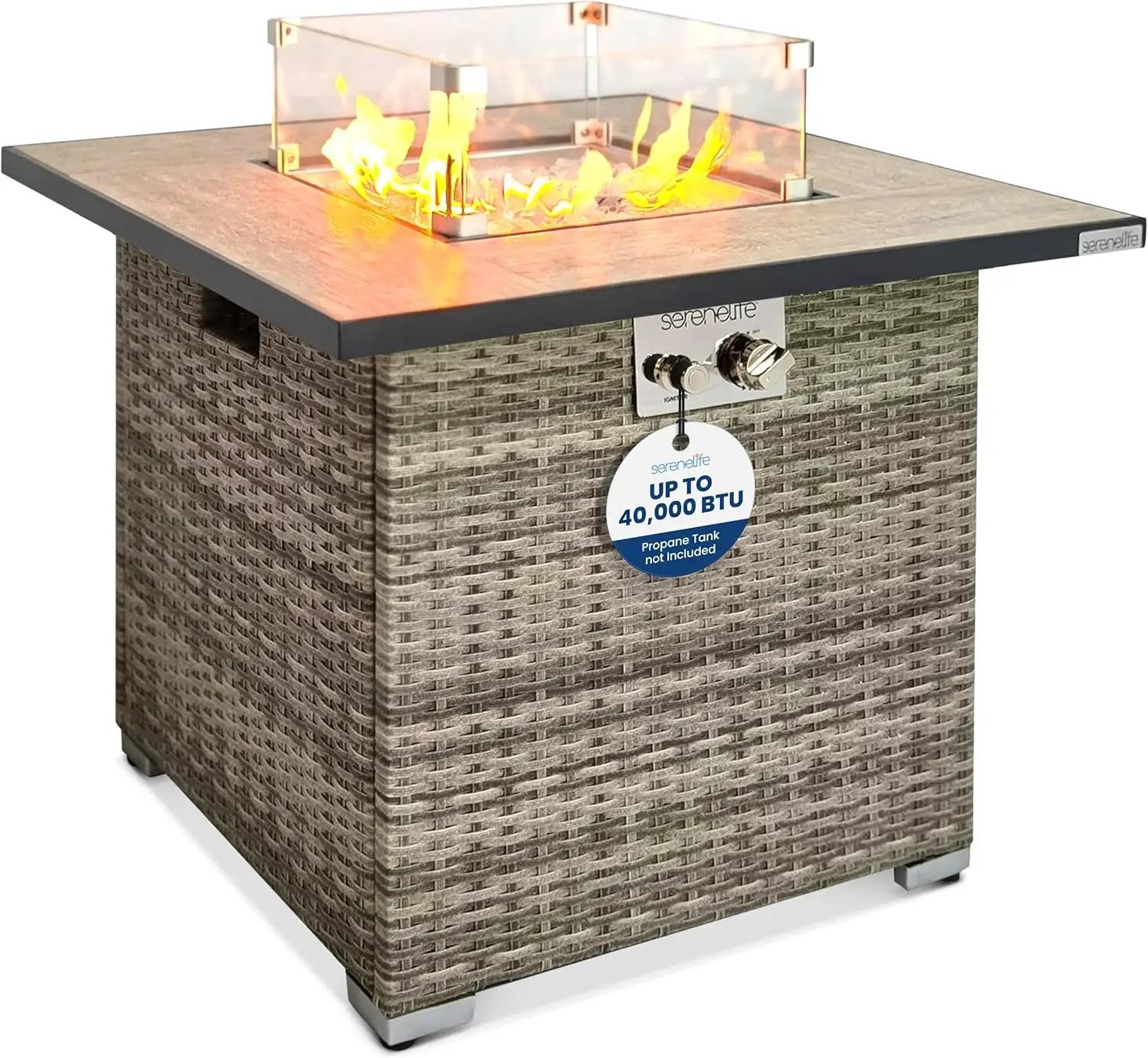 SereneLife Outdoor Propane Fire Pit Table - CSA/ETL Certified Safe 50,000 BTU Pulse Ignition Weatherproof Square Wicker Propane Gas Fire Table w/Tile Tabletop Adjustable Flame - Glass Rocks by GreenHaven Gardens