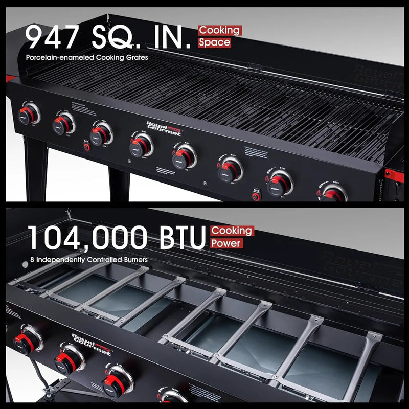 Royal Gourmet GB8003 8-Burner Propane Gas Grill with Foldable Side Tables, Large Propane BBQ Grill with Porcelain-Enameled Steel Wire Grates for Outdoor Party or Backyard Grilling, Black by GreenHaven Gardens