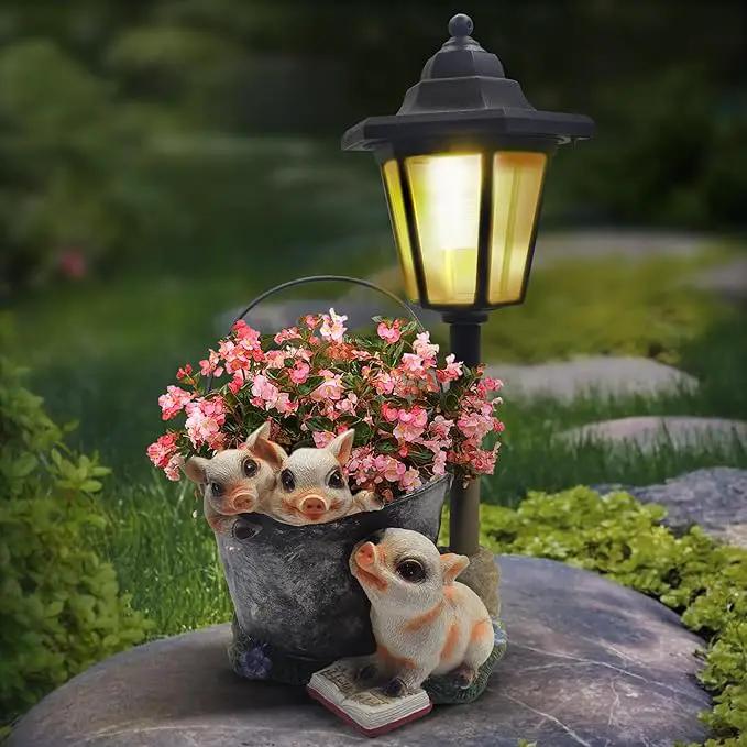 Outdoor Pigs Statues Solar Sculptures with Solar Lights and Flowerpot Funny Garden Decor Animal Figurines Resin Outdoor Statues for Patio Yard Lawn Balcony Gifts by GreenHaven Gardens