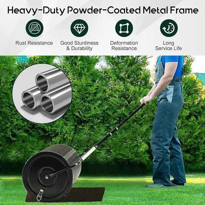 Compost and Peat Moss Spreader with Updated 2 in 1 ATV & T Shaped Handle, 16”WX48”L, Lawn and Garden Peat Moss Roller w/Laser Cutting Wire Mesh Baskets for Spreading Manure, Topsoil by GreenHaven Gardens