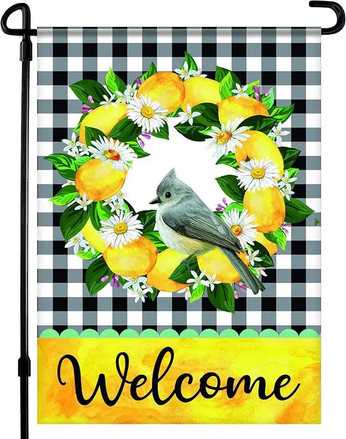 Welcome Garden Flag - 12.5 x 18 Inch Double-Sided Spring Garden Flag - Printed Wreath in Plaid Background Seasonal Outdoor Banner for House Front Yard, Porch, Patio - Suits Standard Poles by GreenHaven Gardens