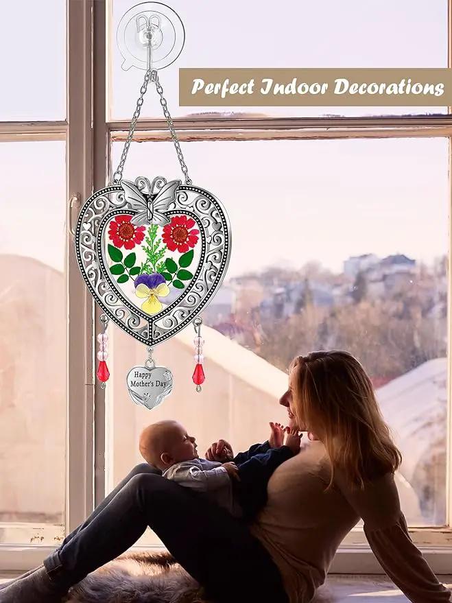 KY&BOSAM Suncatcher Happy Mother’s Day Stained Glass Tree of Life Heart Gifts Garden Ornament Wind Chimes for Windows Pressed Flower Between Heart in Glass Metal Engraved Charm as by GreenHaven Gardens