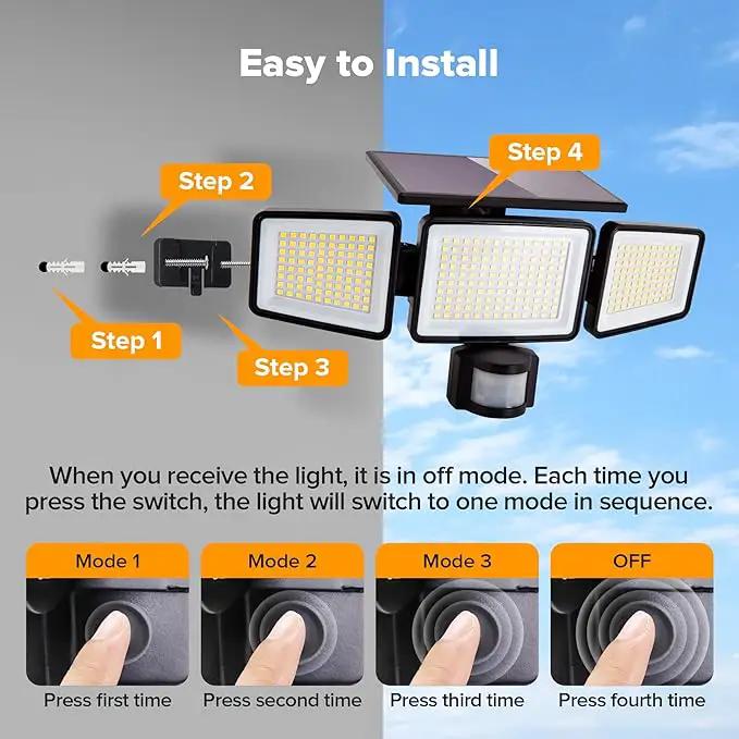 UME Solar Outdoor Lights 302 LED 3000LM, IP65 Waterproof Motion Sensor Outdoor Lights, 3 Heads Solar Security Flood Lights 270 Wide Lighting Angle with 3 Modes for Garden Patio Yard - 2 Pack by GreenHaven Gardens