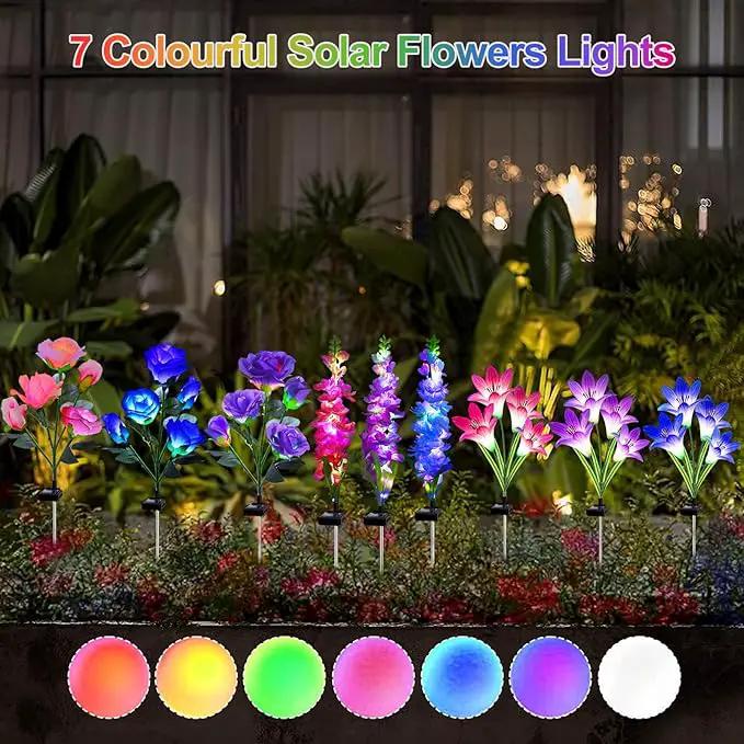 Solar Garden Lights - 6 Pack Solar Flowers with Lily Rose Delphinium, Waterproof Gardening Gifts for Mom, Grandma, Women - Multi-Color Changing Outdoor Lights for Garden, Yard, Patio, Lawn by GreenHaven Gardens