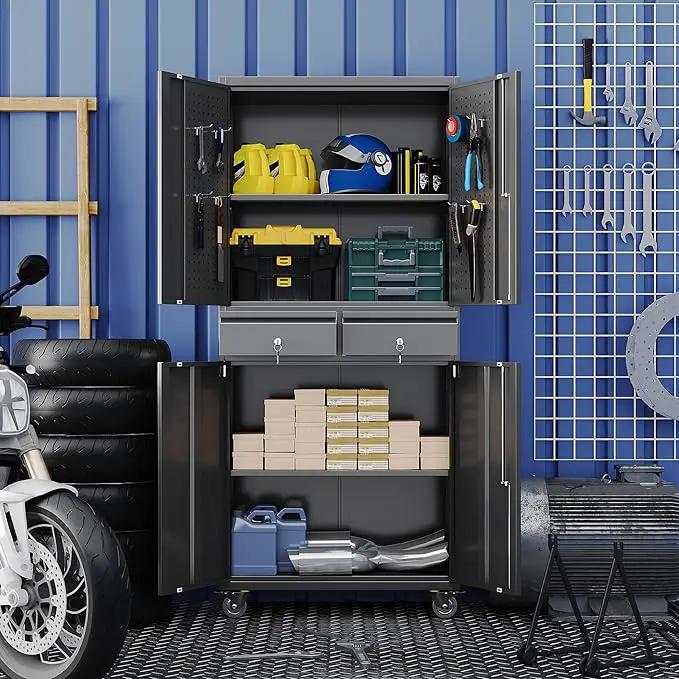 Metal Garage Storage Cabinet with Locking Doors and 2 Adjustable Shelves, Rolling Tool Storage Cabinet with 4 Wheels and 2 Drawer for Garage, Warehouse, Black, Assembly Required by GreenHaven Gardens