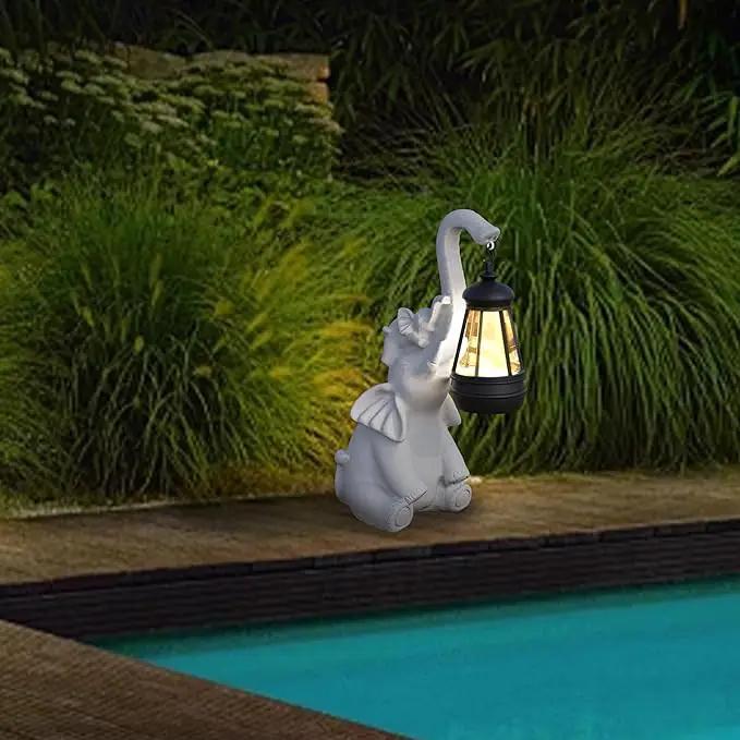 Statue Decoration, Figurine, Lawn Statue, Sculpture Ornament, Animal Figurine - Elephant Resin Statue with Lantern (Hand-JD Trunk-JD) by GreenHaven Gardens