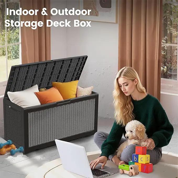 100 Gallon Storage Box, Waterproof Resin Deck Box with Hydraulic Piston Design, Lockable Storage Bench for Package Delivery, Storage Bin for Patio Cushions, Garden Tools, Black by GreenHaven Gardens