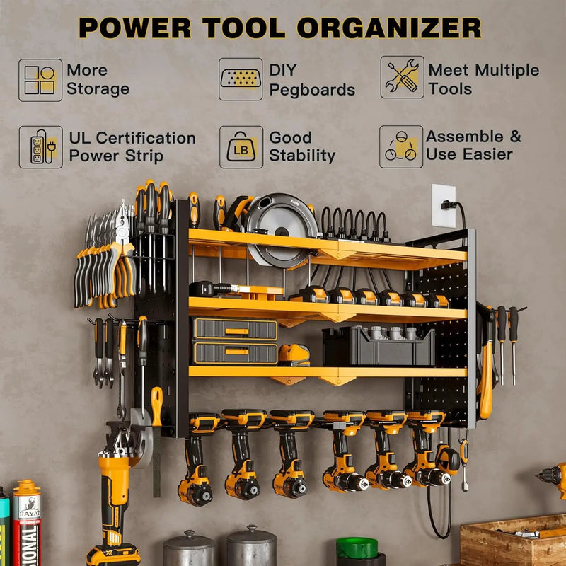 Power Tool Organizer Wall Mount with Charging Station 4 Layer 6 Slot Cordless Drill Holder with Angle Grinder Holder (Yellow) by GreenHaven Gardens