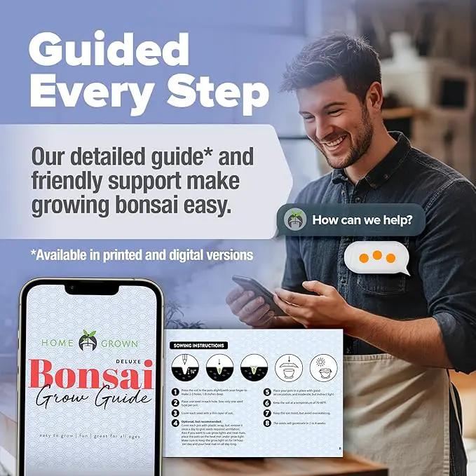 HOME GROWN Bonsai Tree Kit - Premium Ceramic Starter Kit - 4 Variety of Bonsai - Unique Gift for Men and Women Gardeners (BK2-2nd-MF) by GreenHaven Gardens